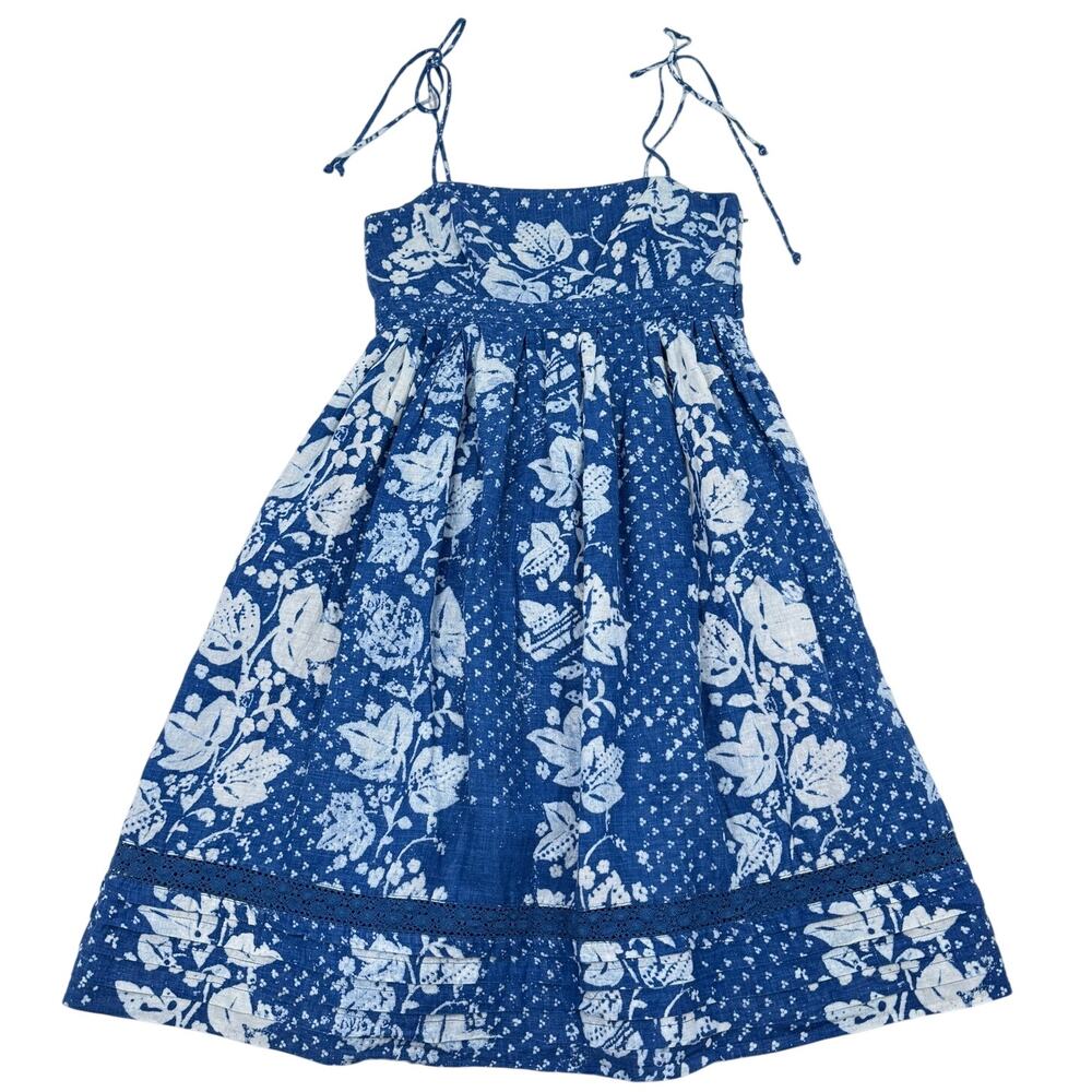 Vintage Gap 100% Linen Batik Floral Sundress Blue White Boho Vacation Dress Sz 4